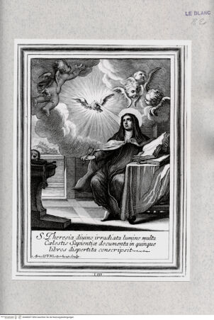 Vorderseite von Istituto Nazionale per la Grafica [http://creativecommons.org/publicdomain/mark/1.0/] Vita Effigiata Della Serafica Vergine S. Teresa di Gesù ...Tafel 53: Die heilige Theresia wird vom heiligen Geist inspiriert: S. Theresia divino irradiata lumine ... - , bh480007. Foto.