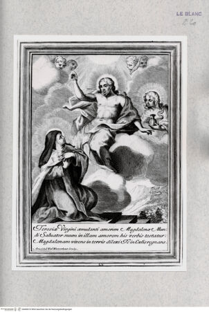 Vorderseite von Istituto Nazionale per la Grafica [http://creativecommons.org/publicdomain/mark/1.0/] Vita Effigiata Della Serafica Vergine S. Teresa di Gesù ...Tafel 60: Der heiligen Theresia erscheinen Christus und die Magdalena: Teresiae Virgini aemulanti amorem ... - , bh480010. Foto.