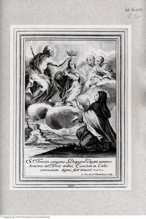 Vorderseite von Istituto Nazionale per la Grafica [http://creativecommons.org/publicdomain/mark/1.0/] Vita Effigiata Della Serafica Vergine S. Teresa di Gesù ...Tafel 62: Die Vision der Krönung der heiligen Jungfrau: S. Teresia satagens Deiparae Virgini ... - , bh480013. Foto.