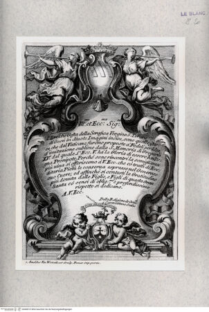 Vorderseite von Istituto Nazionale per la Grafica [http://creativecommons.org/publicdomain/mark/1.0/] Vita Effigiata Della Serafica Vergine S. Teresa di Gesù ...Allegorische Darstellung mit Widmung an Ippolita Ludovisi, Prinzessin von Piombino, den Wappen der Familie Ludovisi und der Karmelitaner, Putten und zwei allegorischen Figuren der Fama - , bh480015. Foto.