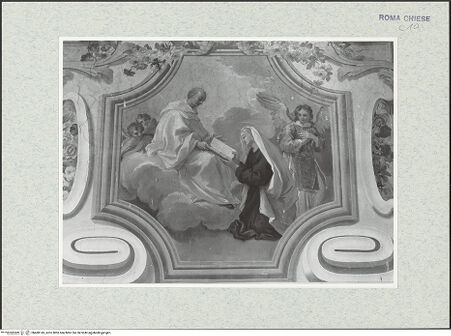 Vorderseite von Sopr. BAS ROMA [https://www.deutsche-digitale-bibliothek.de/content/lizenzen/rv-ez/] Szenen aus dem Leben des seligen Bernardo Tolomei und der heiligen Francesca RomanaDer selige Bernardo Tolomei überreicht der heiligen Francesca Romana die Ordensregel - , bh480143_recto. Foto.