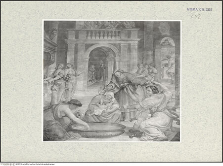 Vorderseite von Sopr. BAS ROMA [https://www.deutsche-digitale-bibliothek.de/content/lizenzen/rv-ez/] Zyklus von Szenen aus dem Marienlebenrechte Wand: Geburt Mariae - , bh480153_recto. Foto.