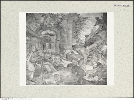 Vorderseite von Sopr. BAS ROMA [https://www.deutsche-digitale-bibliothek.de/content/lizenzen/rv-ez/] Zyklus von Szenen aus dem Marienlebenrechte Wand: Anbetung der Hirten - , bh480156_recto. Foto.