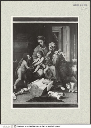 Vorderseite von Sopr. BAS ROMA [https://www.deutsche-digitale-bibliothek.de/content/lizenzen/rv-ez/] "Madonna della Gatta" (Maria mit Kind, der heiligen Anna, dem heiligen Joseph und Johannes dem Täufer als Kind) - , bh480404_recto. Foto.