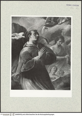 Vorderseite von Sopr. BAS ROMA [https://www.deutsche-digitale-bibliothek.de/content/lizenzen/rv-ez/] Maria in der Glorie und die Heiligen Gregor und Franziskus - linker Bildrand, Detail: der heilige Gregor kniend, bh480418_recto. Foto.