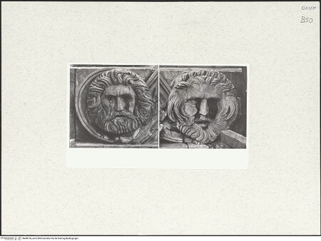 Vorderseite von unbekannt [https://www.deutsche-digitale-bibliothek.de/content/lizenzen/rv-fz/] Triumphbogen Alfonsos VGiebelfeld mit zwei Figuren, sogenannte Flussgötter, und Blattgirlande mit zwei Masken - Volutenmasken, bh480726_recto. Foto.