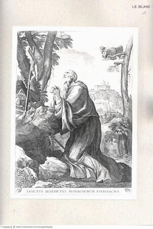 Vorderseite von Istituto Nazionale per la Grafica [http://creativecommons.org/publicdomain/mark/1.0/] Der heilige Benedikt in der Wüste, vor einem Kruzifix betend - , bh482621. Foto.