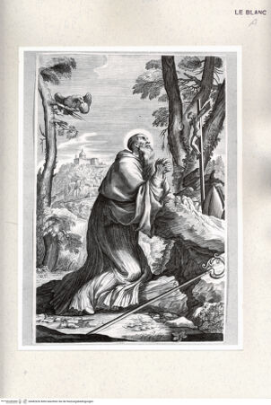 Vorderseite von Istituto Nazionale per la Grafica [http://creativecommons.org/publicdomain/mark/1.0/] Der heilige Benedikt in der Wüste, vor einem Kruzifix betend - , bh482626. Foto.