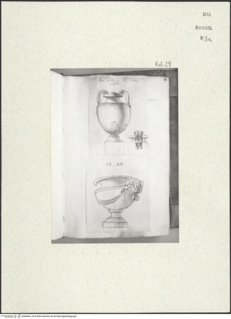 Vorderseite von Staatliche Kunstsammlungen, Schloss Wilhelmshöhe [https://www.deutsche-digitale-bibliothek.de/content/lizenzen/rv-ez/] Skizzenbuch der römischen ReiseFol. 29: Römischer Kantharos im Palazzo Mattei und Krater in der Villa Mattei - , bh484643_recto. Foto.