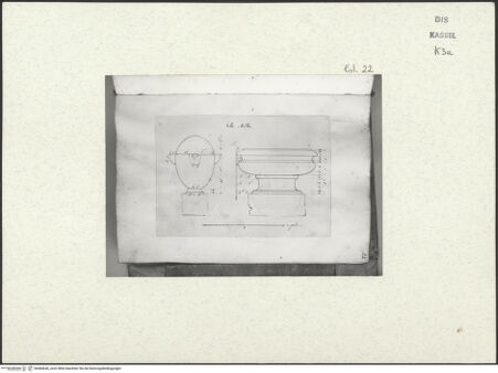 Vorderseite von Staatliche Kunstsammlungen, Schloss Wilhelmshöhe [https://www.deutsche-digitale-bibliothek.de/content/lizenzen/rv-ez/] Skizzenbuch der römischen ReiseFol. 22: Urne und Brunnenbecken (?) in der Villa Mattei - , bh484646_recto. Foto.
