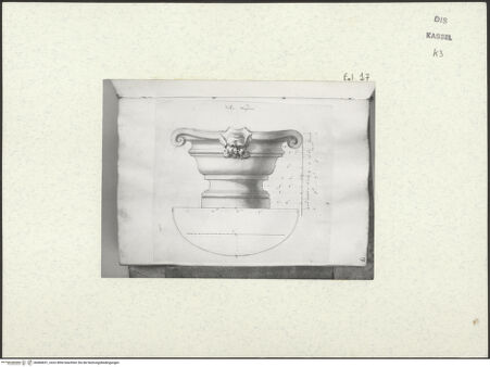 Vorderseite von Staatliche Kunstsammlungen, Schloss Wilhelmshöhe [https://www.deutsche-digitale-bibliothek.de/content/lizenzen/rv-ez/] Skizzenbuch der römischen ReiseFol. 17: Brunnenbecken mit Maske, von der Kaskade in der Villa Negroni - , bh484651_recto. Foto.