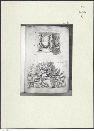 Vorderseite von Staatliche Kunstsammlungen, Schloss Wilhelmshöhe [https://www.deutsche-digitale-bibliothek.de/content/lizenzen/rv-ez/] Skizzenbuch der römischen ReiseFol. 14: Antikes Grabmonument in der Villa Medici und Fratzenbrunnen in der Villa Borghese - , bh484653_recto. Foto.