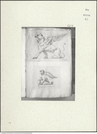 Vorderseite von Staatliche Kunstsammlungen, Schloss Wilhelmshöhe [https://www.deutsche-digitale-bibliothek.de/content/lizenzen/rv-ez/] Skizzenbuch der römischen ReiseFol. 9: Greifenrelief und Sphinx am Kapitol - , bh484659_recto. Foto.