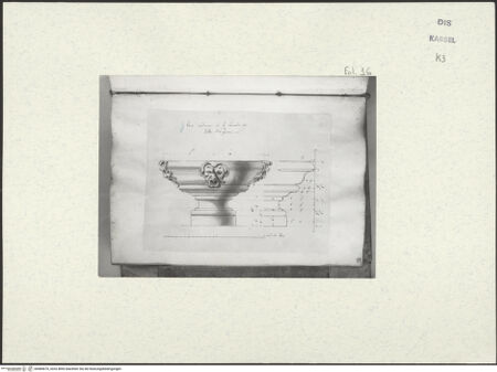 Vorderseite von Staatliche Kunstsammlungen, Schloss Wilhelmshöhe [https://www.deutsche-digitale-bibliothek.de/content/lizenzen/rv-ez/] Skizzenbuch der römischen ReiseFol. 16: Brunnenbecken mit Maske, von der Kaskade in der Villa Negroni - , bh484670_recto. Foto.