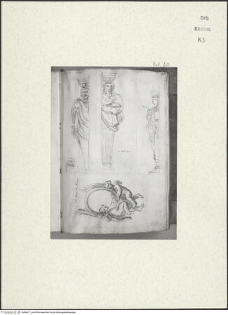 Vorderseite von Staatliche Kunstsammlungen, Schloss Wilhelmshöhe [https://www.deutsche-digitale-bibliothek.de/content/lizenzen/rv-ez/] Skizzenbuch der römischen ReiseFol. 10: Drei Hermenpilaster im Vatikan und zwei einen Rahmen haltende Putti, in Sankt Peter an einem der Mittelschiffspfeiler (Bernini) - , bh484671_recto. Foto.