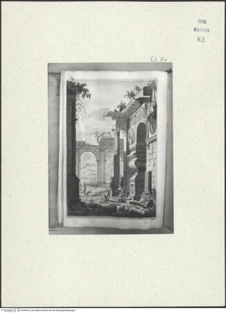 Vorderseite von Staatliche Kunstsammlungen, Schloss Wilhelmshöhe [https://www.deutsche-digitale-bibliothek.de/content/lizenzen/rv-ez/] Skizzenbuch der römischen ReiseFol. 8 verso?: Capriccio in römischen Ruinen - , bh484672_recto. Foto.