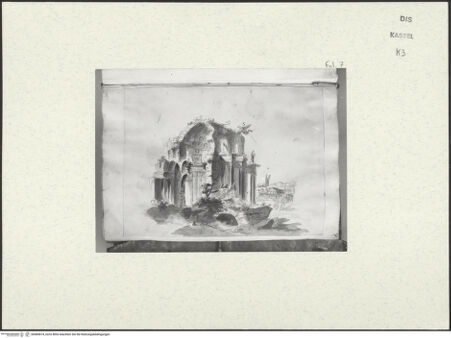 Vorderseite von Staatliche Kunstsammlungen, Schloss Wilhelmshöhe [https://www.deutsche-digitale-bibliothek.de/content/lizenzen/rv-ez/] Skizzenbuch der römischen ReiseFol. 7: Capriccio in römischen Ruinen - , bh484674_recto. Foto.