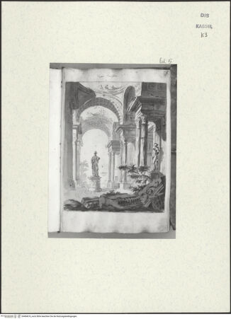 Vorderseite von Staatliche Kunstsammlungen, Schloss Wilhelmshöhe [https://www.deutsche-digitale-bibliothek.de/content/lizenzen/rv-ez/] Skizzenbuch der römischen ReiseFol. 5: Capriccio in römischen Ruinen - , bh484676_recto. Foto.