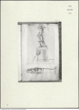 Vorderseite von Staatliche Kunstsammlungen, Schloss Wilhelmshöhe [https://www.deutsche-digitale-bibliothek.de/content/lizenzen/rv-ez/] Skizzenbuch der römischen ReiseFol. 3: kniende, eine Vase tragende Figur in der Villa Farnese (Farnesina?) und Herme in der Villa Pinciana (wohl Villa Borghese) - , bh484677_recto. Foto.