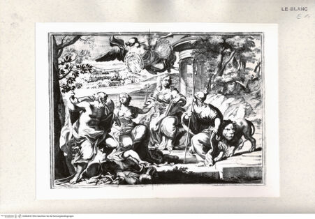 Vorderseite von Istituto Nazionale per la Grafica [http://creativecommons.org/publicdomain/mark/1.0/] Allegorie auf den Ruhm eines Kardinals: eine schwebende Fama trägt ein Medaillon mit einem Kardinalshut und der Aufschrift "Pax", die Stärke, ein besiegter Türke, Kronos pflückt Lorbeerzweige - , bh484692. Foto.