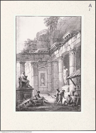 Vorderseite von Graphische Sammlung Albertina [https://www.deutsche-digitale-bibliothek.de/content/lizenzen/rv-ez/] Klassische Säulenarchitektur als Ruine mit Staffage figuren - , bh484720_recto. Foto.