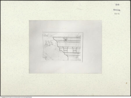 Vorderseite von Staatliche Kunstsammlungen, Schloss Wilhelmshöhe [https://www.deutsche-digitale-bibliothek.de/content/lizenzen/rv-ez/] Skizzenbuch der römischen ReiseOhne Fol. (herausgelöst): Kranzgesims am Palazzo del Quirinale - , bh484745_recto. Foto.