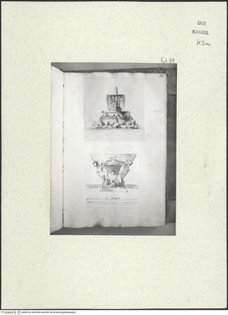 Vorderseite von Staatliche Kunstsammlungen, Schloss Wilhelmshöhe [https://www.deutsche-digitale-bibliothek.de/content/lizenzen/rv-ez/] Skizzenbuch der römischen ReiseFol. 39: Zwei Brunnen, der untere in der Villa Doria-Pamphilj - , bh484794_recto. Foto.