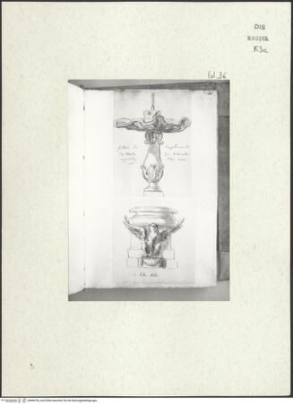 Vorderseite von Staatliche Kunstsammlungen, Schloss Wilhelmshöhe [https://www.deutsche-digitale-bibliothek.de/content/lizenzen/rv-ez/] Skizzenbuch der römischen ReiseFol. 36: Brunnen am Palazzo Orsini (Marcellustheater) und Säulenpostament mit Adler in der Villa Mattei - , bh484795_recto. Foto.