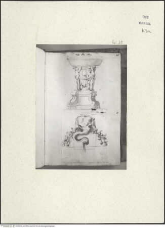 Vorderseite von Staatliche Kunstsammlungen, Schloss Wilhelmshöhe [https://www.deutsche-digitale-bibliothek.de/content/lizenzen/rv-ez/] Skizzenbuch der römischen ReiseFol. 35: Atlantenbrunnen in der Villa Albani und die Fontana dell'Elefante des Giovanni da Udine in der Villa Madama - , bh484804_recto. Foto.