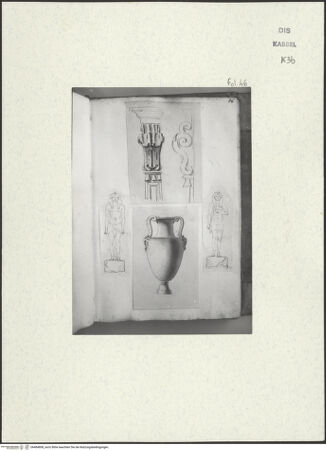 Vorderseite von Staatliche Kunstsammlungen, Schloss Wilhelmshöhe [https://www.deutsche-digitale-bibliothek.de/content/lizenzen/rv-ez/] Skizzenbuch der römischen ReiseFol. 46: Gebälkdetail, antiker Kantharos und zwei ägyptische Statuen - , bh484808_recto. Foto.