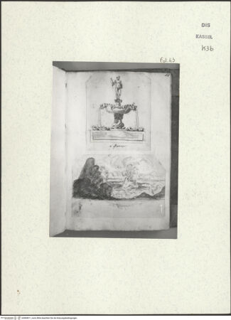 Vorderseite von Staatliche Kunstsammlungen, Schloss Wilhelmshöhe [https://www.deutsche-digitale-bibliothek.de/content/lizenzen/rv-ez/] Skizzenbuch der römischen ReiseFol. 43: Brunnen in den Giardini di Boboli und Vesuvausbruch - , bh484811_recto. Foto.
