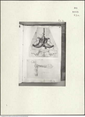 Vorderseite von Staatliche Kunstsammlungen, Schloss Wilhelmshöhe [https://www.deutsche-digitale-bibliothek.de/content/lizenzen/rv-ez/] Skizzenbuch der römischen ReiseFol. 34: Brunnen (?) und Dekorationsdetail (?) in Santa Maria sopra Minerva - , bh484815_recto. Foto.