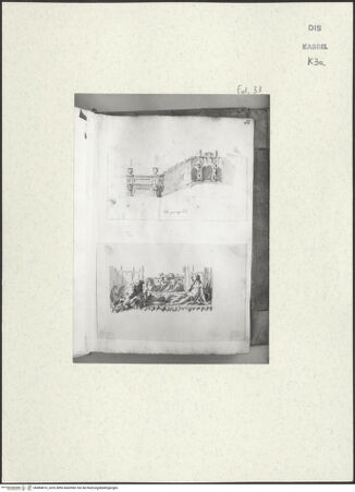 Vorderseite von Staatliche Kunstsammlungen, Schloss Wilhelmshöhe [https://www.deutsche-digitale-bibliothek.de/content/lizenzen/rv-ez/] Skizzenbuch der römischen ReiseFol. 33: Zwei Brunnenanlagen in der Villa Doria Pamphilj - , bh484816_recto. Foto.