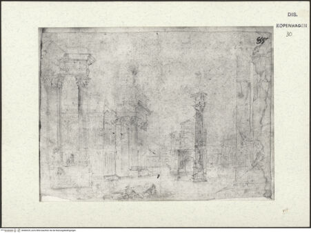 Vorderseite von Kunstakademiets Bibliotek [https://www.deutsche-digitale-bibliothek.de/content/lizenzen/rv-ez/] Marselis-SkizzenbuchArchitekturcapriccio - , bh485329_recto. Foto.