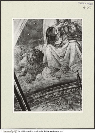 Vorderseite von Sopr. BAS ROMA [https://www.deutsche-digitale-bibliothek.de/content/lizenzen/rv-ez/] Szenen aus dem Leben des heiligen Bernhardin von SienaGewölbekappe: Der Evangelist Markus - linke Hälfte mit dem Löwen, Detail, vor der Restaurierung, bh485737_recto. Foto.