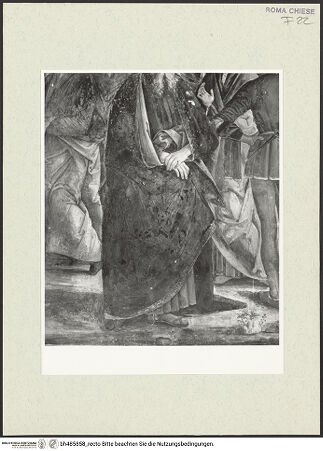 Vorderseite von Sopr. BAS ROMA [https://www.deutsche-digitale-bibliothek.de/content/lizenzen/rv-ez/] Szenen aus dem Leben des heiligen Bernhardin von SienaDer heilige Bernhardin von Siena in der Einöde - Figurengruppe links, bärtiger Alter, Gewanddetail, vor der Restaurierung, bh485858_recto. Foto.