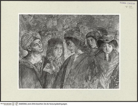 Vorderseite von Sopr. BAS ROMA [https://www.deutsche-digitale-bibliothek.de/content/lizenzen/rv-ez/] Szenen aus dem Leben des heiligen Bernhardin von SienaDer heilige Bernhardin von Siena in der Einöde - Figurengruppe links im Hintergrund, Detail, nach der Restaurierung, bh485866_recto. Foto.