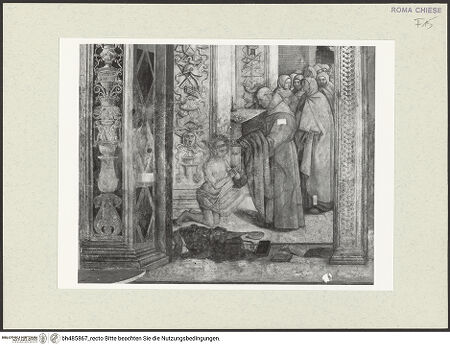 Vorderseite von Sopr. BAS ROMA [https://www.deutsche-digitale-bibliothek.de/content/lizenzen/rv-ez/] Szenen aus dem Leben des heiligen Bernhardin von SienaEinkleidung des heiligen Berhardin von Siena mit dem Ordensgewand - nach der Restaurierung, bh485867_recto. Foto.