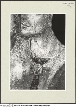 Vorderseite von Sopr. BAS ROMA [https://www.deutsche-digitale-bibliothek.de/content/lizenzen/rv-ez/] Szenen aus dem Leben des heiligen Bernhardin von SienaGewölbekappe: Der Evangelist Lukas - Detail: Gewandagraffe, während der Restaurierung, bh485879_recto. Foto.