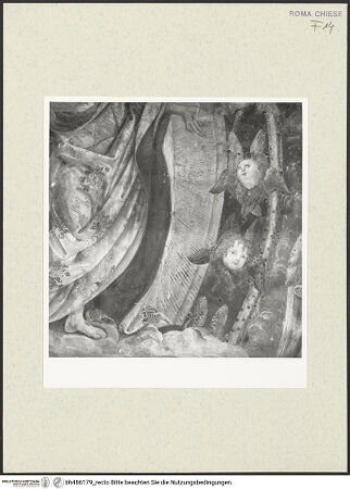 Vorderseite von Sopr. BAS ROMA [https://www.deutsche-digitale-bibliothek.de/content/lizenzen/rv-ez/] Szenen aus dem Leben des heiligen Bernhardin von SienaChristus in der Mandorla und die Heiligen Berhardin, Antonius von Padua und Ludwig von Toulouse - Putten innerhalb der Mandorla, rechts von Christus, nach der Restaurierung, bh486179_recto. Foto.