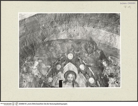 Vorderseite von Sopr. BAS ROMA [https://www.deutsche-digitale-bibliothek.de/content/lizenzen/rv-ez/] Szenen aus dem Leben des heiligen Bernhardin von SienaChristus in der Mandorla und die Heiligen Berhardin, Antonius von Padua und Ludwig von Toulouse - oberer Teil, Streiflichtaufnahme, nach der Restaurierung, bh486181_recto. Foto.