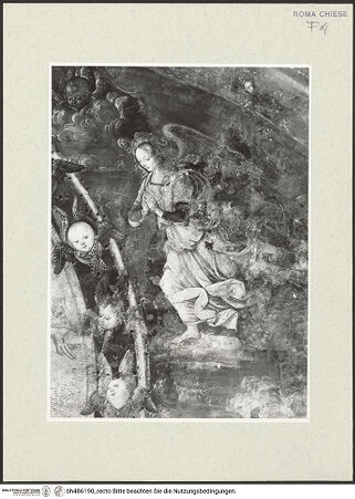 Vorderseite von Sopr. BAS ROMA [https://www.deutsche-digitale-bibliothek.de/content/lizenzen/rv-ez/] Szenen aus dem Leben des heiligen Bernhardin von SienaChristus in der Mandorla und die Heiligen Berhardin, Antonius von Padua und Ludwig von Toulouse - rechter Engel, Detail, nach der Restaurierung, bh486190_recto. Foto.