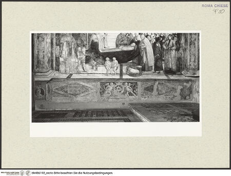 Vorderseite von Sopr. BAS ROMA [https://www.deutsche-digitale-bibliothek.de/content/lizenzen/rv-ez/] Szenen aus dem Leben des heiligen Bernhardin von SienaExequien des heiligen Bernhardin - Detail: Sockelzone, gemalter Fries unterhalb des Freskos, bh486192_recto. Foto.