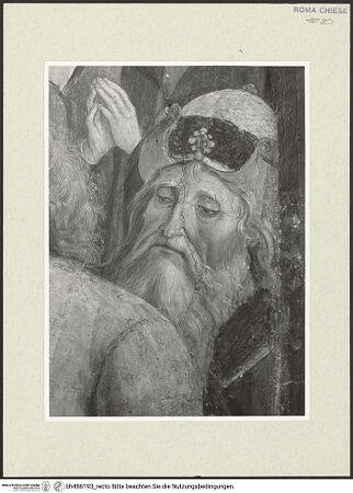 Vorderseite von Sopr. BAS ROMA [https://www.deutsche-digitale-bibliothek.de/content/lizenzen/rv-ez/] Szenen aus dem Leben des heiligen Bernhardin von SienaExequien des heiligen Bernhardin - Figur am rechten Bildrand, bärtiger Alter, Kopfdetail, bh486193_recto. Foto.