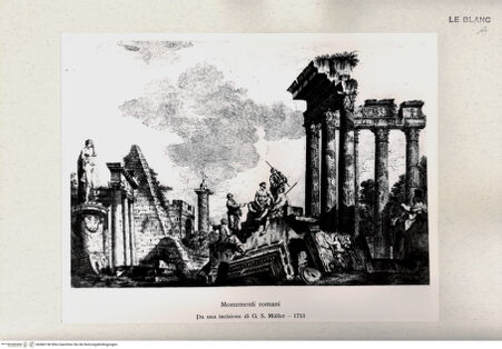 Vorderseite von unbekannt [http://creativecommons.org/publicdomain/mark/1.0/] Sechs römische CapricciCapriccio mit einer Tempelruine, einer Pyramide, einer Triumphsäule und verschiedenen Statuen - , bh486198. Foto.