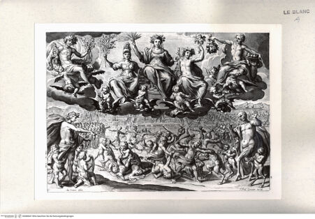 Vorderseite von Istituto Nazionale per la Grafica [http://creativecommons.org/publicdomain/mark/1.0/] Allegorie mit der thronenden Ceres, einem Kampf zwischen Engeln und Teufeln und dem Wappen eines Herrschers: Pomis sua nomina servant - , bh486847. Foto.