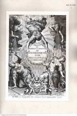 Vorderseite von Istituto Nazionale per la Grafica [http://creativecommons.org/publicdomain/mark/1.0/] Titelillustration zu C. Carafa, Oratio de Adventu S. Spiritus ad S.D.N. Urbanum VIII. P.O.M. ... - , bh486849. Foto.