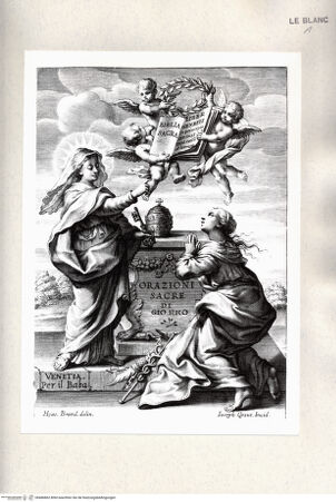 Vorderseite von Istituto Nazionale per la Grafica [http://creativecommons.org/publicdomain/mark/1.0/] Delle Orazioni sacre di Giovanni Rho. Titelblatt zu einem Gebetbuch mit einer Allegorie des Glaubens und schwebenden Putti mit einer Bibel - , bh486862. Foto.