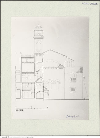 Vorderseite von Archivio Fotografico della Soprintendenza (BAA Lazio?) [https://www.deutsche-digitale-bibliothek.de/content/lizenzen/rv-fz/] Baudokumentation zu Santi Nereo e AchilleoAufriss der Kirche (aus Südwesten) und Querschnitt durch den Campanile und die angrenzenden Räume. - , bh488610_recto. Foto.