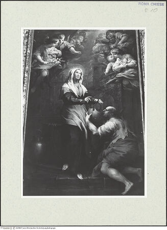 Vorderseite von Sopr. BAS ROMA [https://www.deutsche-digitale-bibliothek.de/content/lizenzen/rv-ez/] Die heilige Zita gibt einem Armen Wasser zu trinken, das sich in Wein verwandelt - , bh488867_recto. Foto.